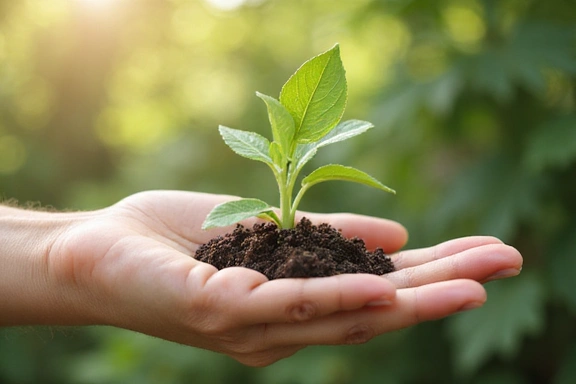 Mână care ține o plantă verde tânără, simbolizând creșterea și natura