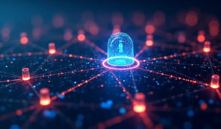 Abstract digital network showing secure data transfer between nodes, representing data sharing with privacy