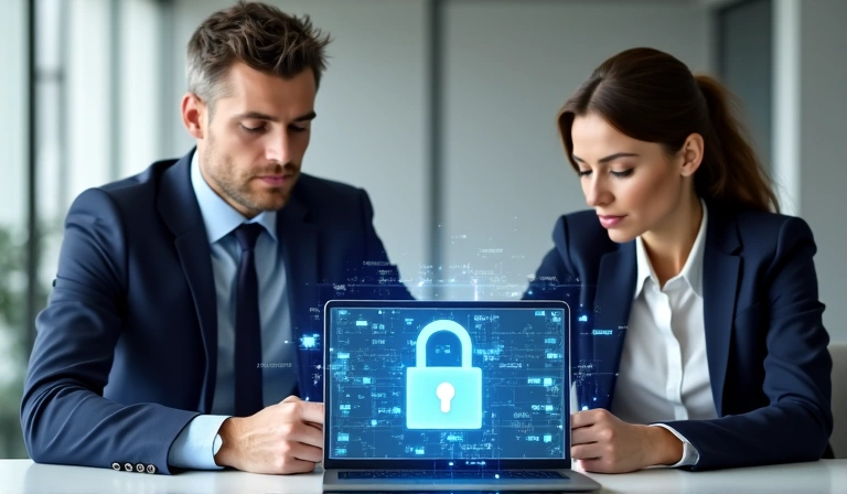 Two people discussing data privacy on a laptop with secure lock icon overlay
